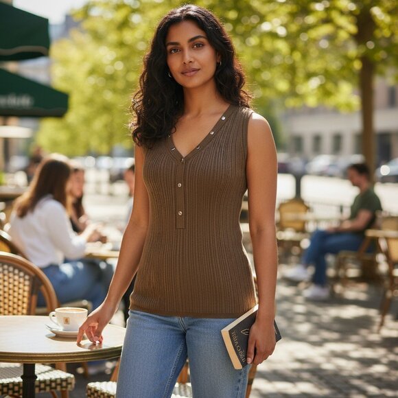 WHBM White House Black Market Brown Medium Knit Ribbed Fitted Tank Top Gold Stud - Picture 1 of 9